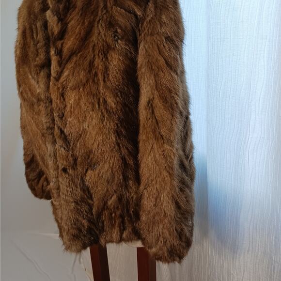 Abraham & Strauss Mink Fur Coat Sz Small BROWN Chevron Jacket Thick Boxy Formal - Picture 9 of 14